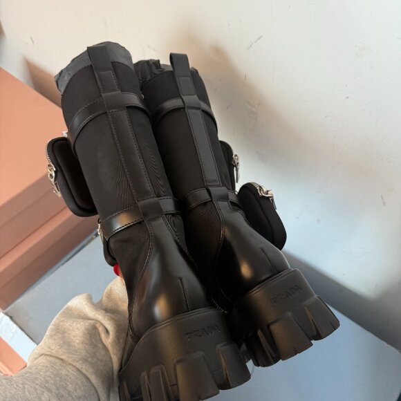 NWT Prada Monolith Combat Tall Boots Black Leather & Nylon Lace Up - Picture 9 of 10